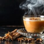 A steaming cup of chai tea with star anise, cinnamon sticks, and cloves on a black surface.